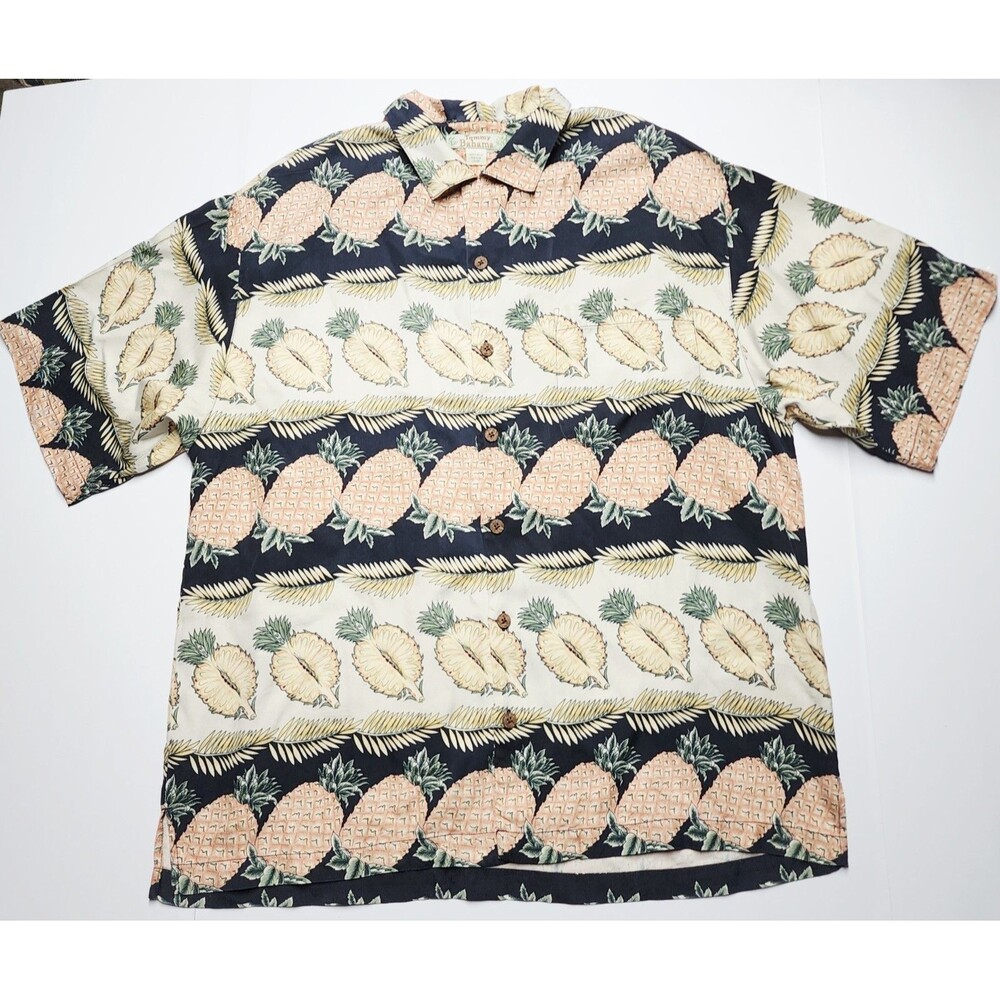Tommy Bahama Relax IslandZone 100% Silk Pineapple Petals Tropical Camp Shirt VTG